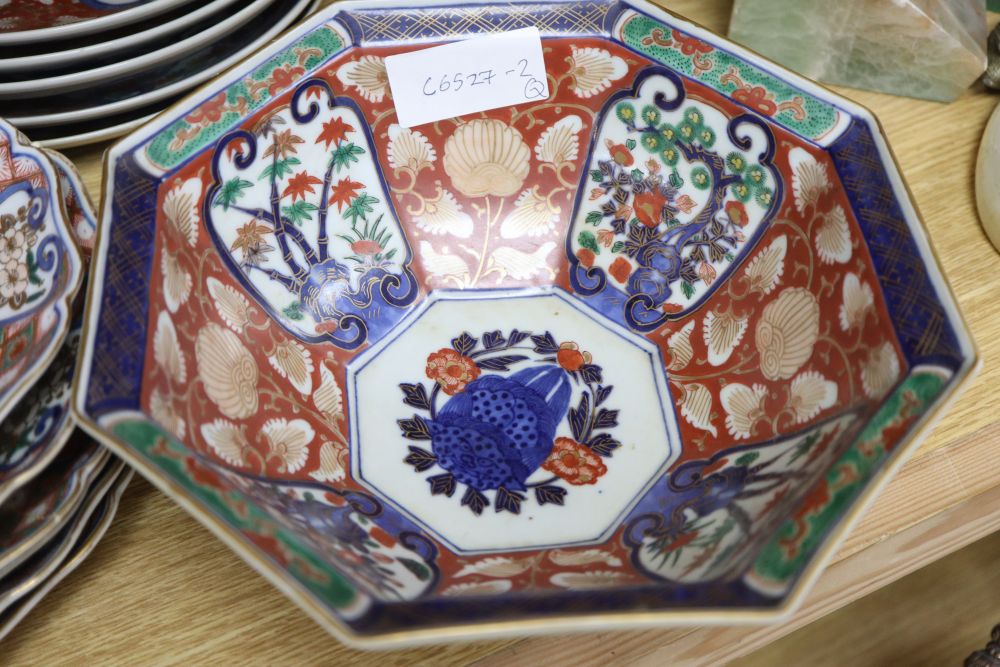 A group of Japanese Imari dishes and bowls, and a St Ives pottery vase